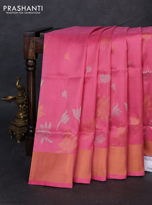 Pure uppada silk saree light pink with silver & gold zari woven floral buttas and floral design zari woven border