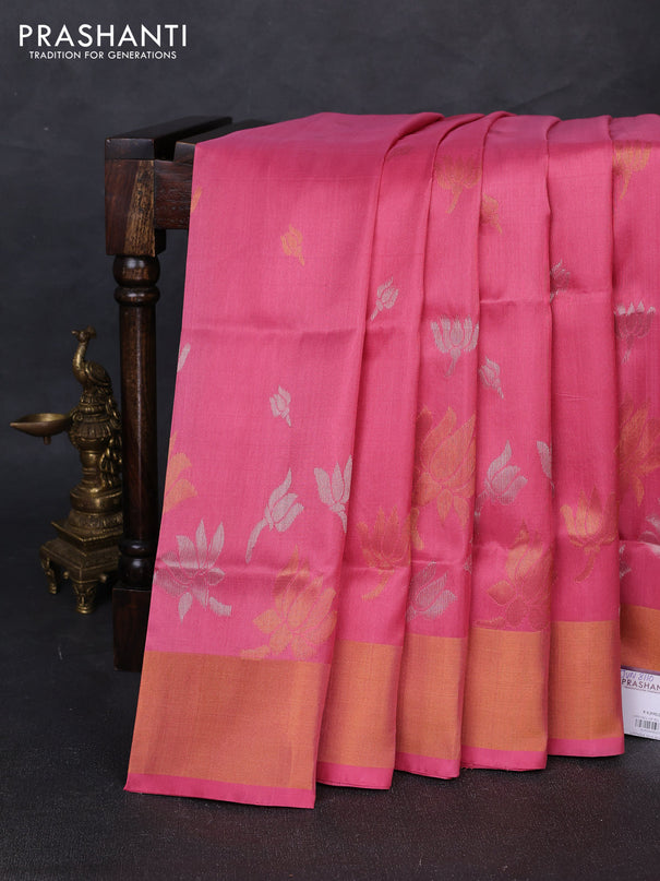 Pure uppada silk saree light pink with silver & gold zari woven floral buttas and floral design zari woven border
