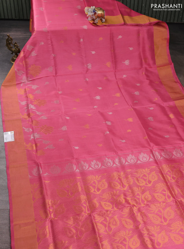Pure uppada silk saree light pink with silver & gold zari woven floral buttas and floral design zari woven border