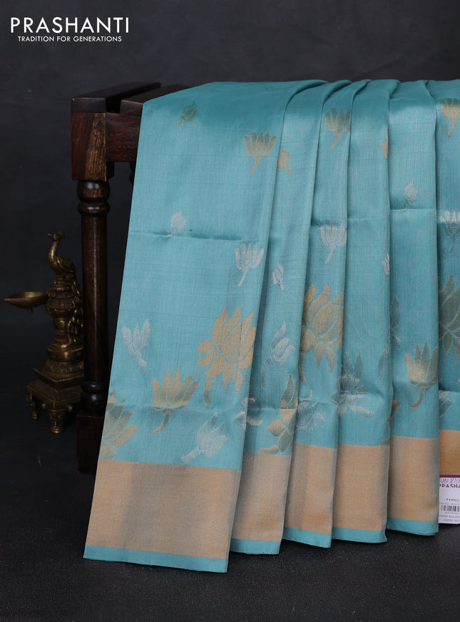 Pure uppada silk saree mild teal blue with silver & gold zari woven floral buttas and floral design zari woven border