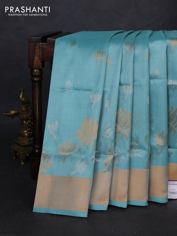 Pure uppada silk saree mild teal blue with silver & gold zari woven floral buttas and floral design zari woven border