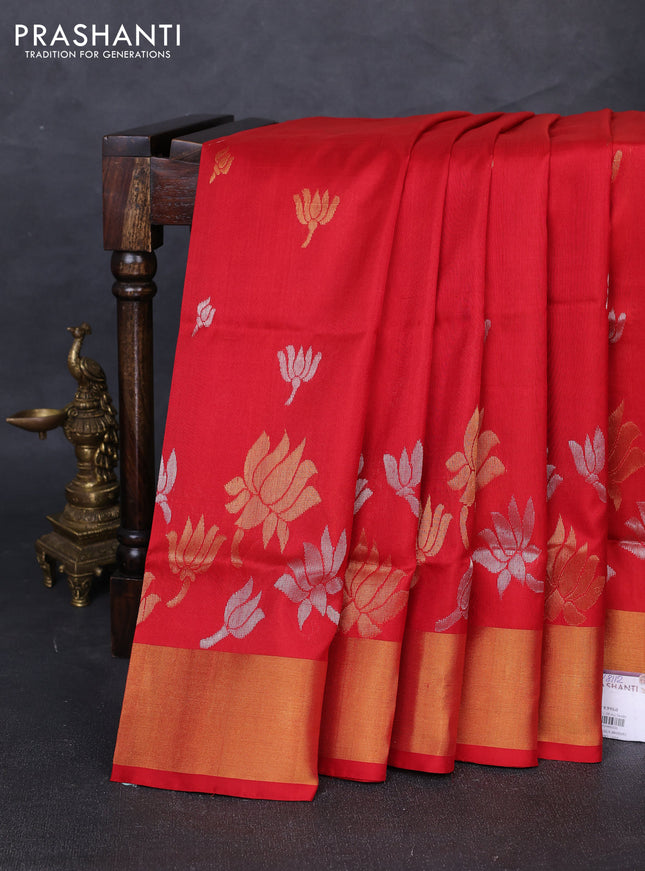 Pure uppada silk saree red with silver & gold zari woven floral buttas and floral design zari woven border