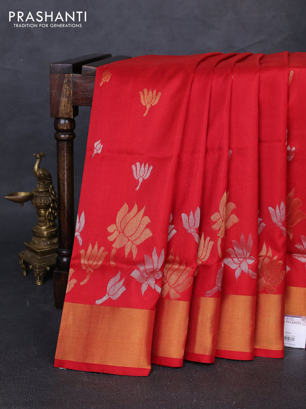 Pure uppada silk saree red with silver & gold zari woven floral buttas and floral design zari woven border