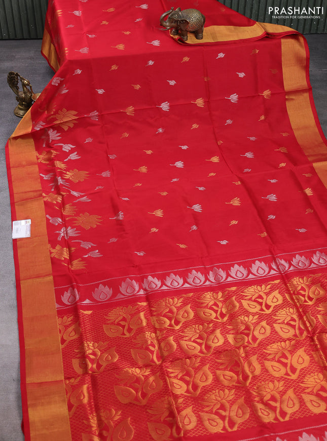 Pure uppada silk saree red with silver & gold zari woven floral buttas and floral design zari woven border