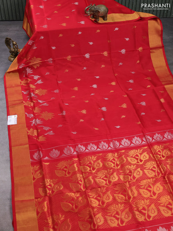 Pure uppada silk saree red with silver & gold zari woven floral buttas and floral design zari woven border