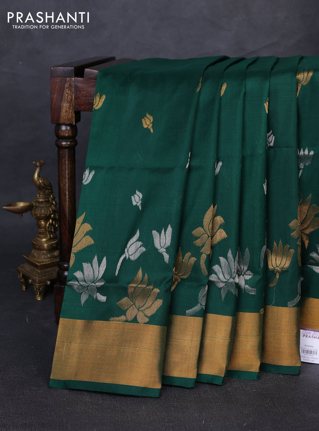 Pure uppada silk saree dark green with silver & gold zari woven floral buttas and floral design zari woven border