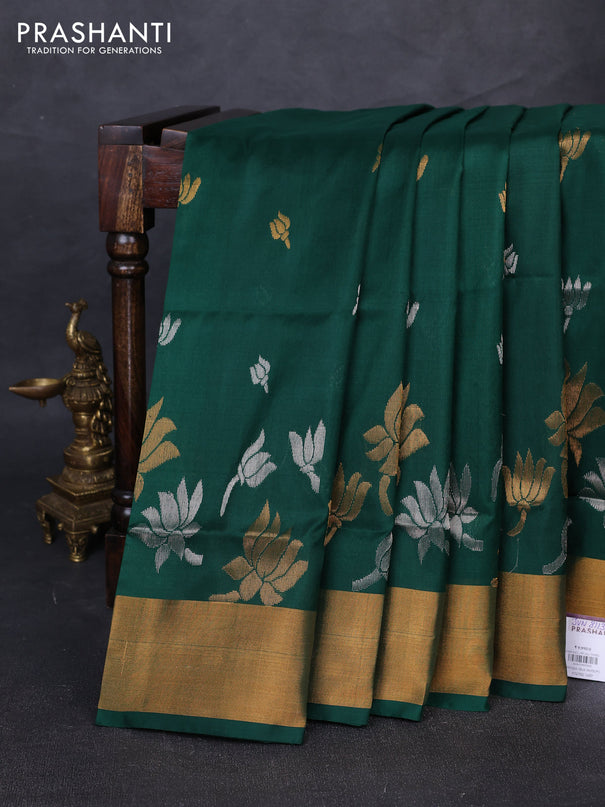 Pure uppada silk saree dark green with silver & gold zari woven floral buttas and floral design zari woven border