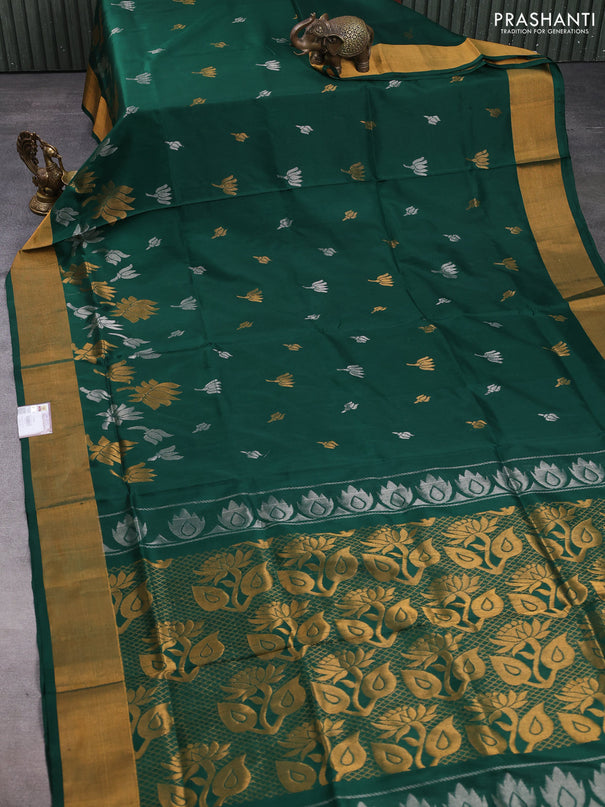 Pure uppada silk saree dark green with silver & gold zari woven floral buttas and floral design zari woven border