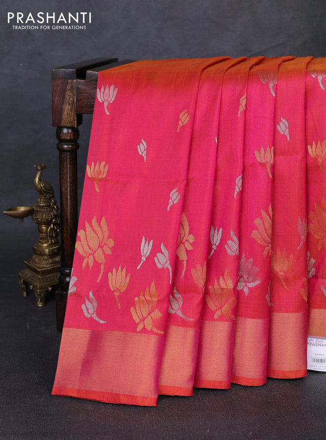 Pure uppada silk saree dual shade of pinkish orange with silver & gold zari woven floral buttas and floral design zari woven border