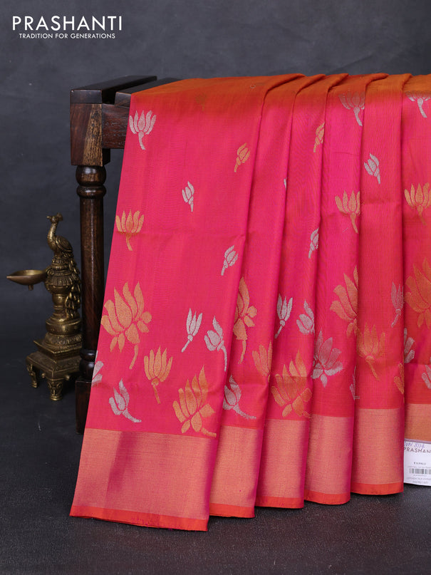 Pure uppada silk saree dual shade of pinkish orange with silver & gold zari woven floral buttas and floral design zari woven border
