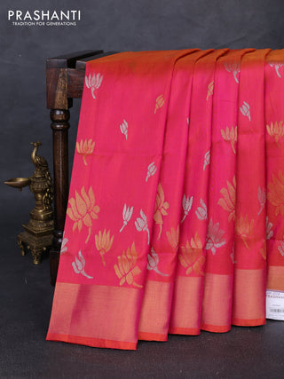 Pure uppada silk saree dual shade of pinkish orange with silver & gold zari woven floral buttas and floral design zari woven border
