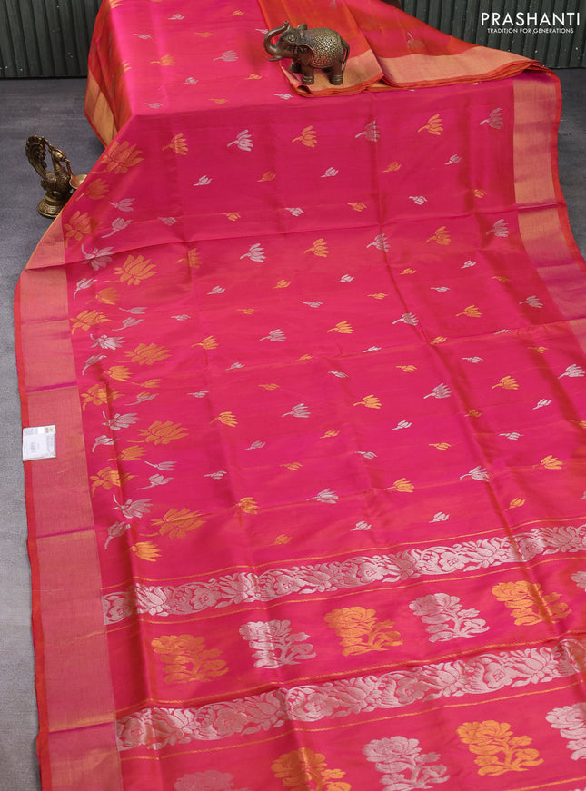 Pure uppada silk saree dual shade of pinkish orange with silver & gold zari woven floral buttas and floral design zari woven border