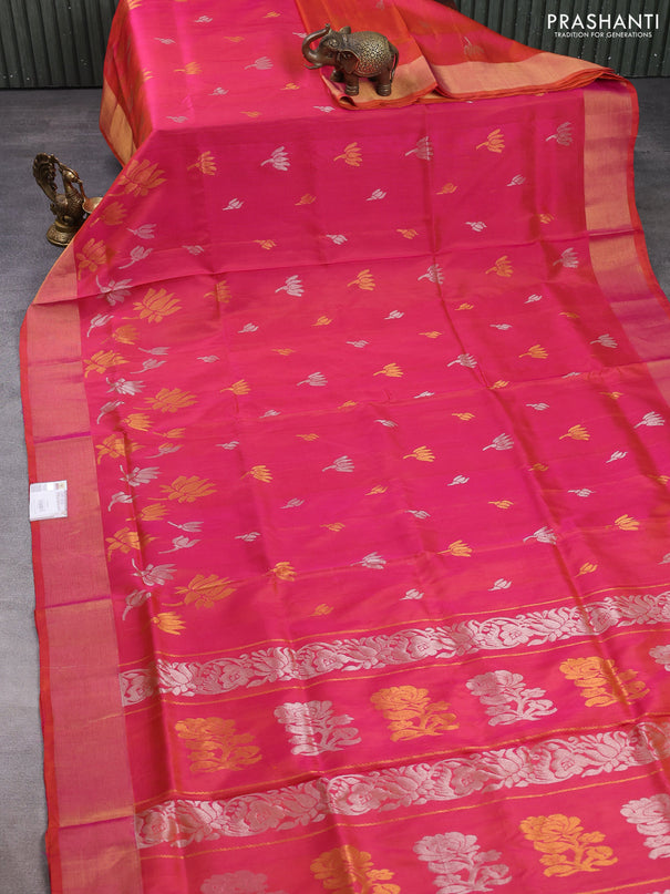 Pure uppada silk saree dual shade of pinkish orange with silver & gold zari woven floral buttas and floral design zari woven border