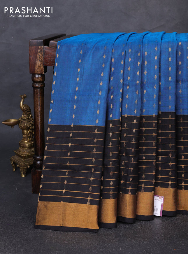 Pure uppada silk saree peacock blue and black with allover zari woven buttas and long zari woven border