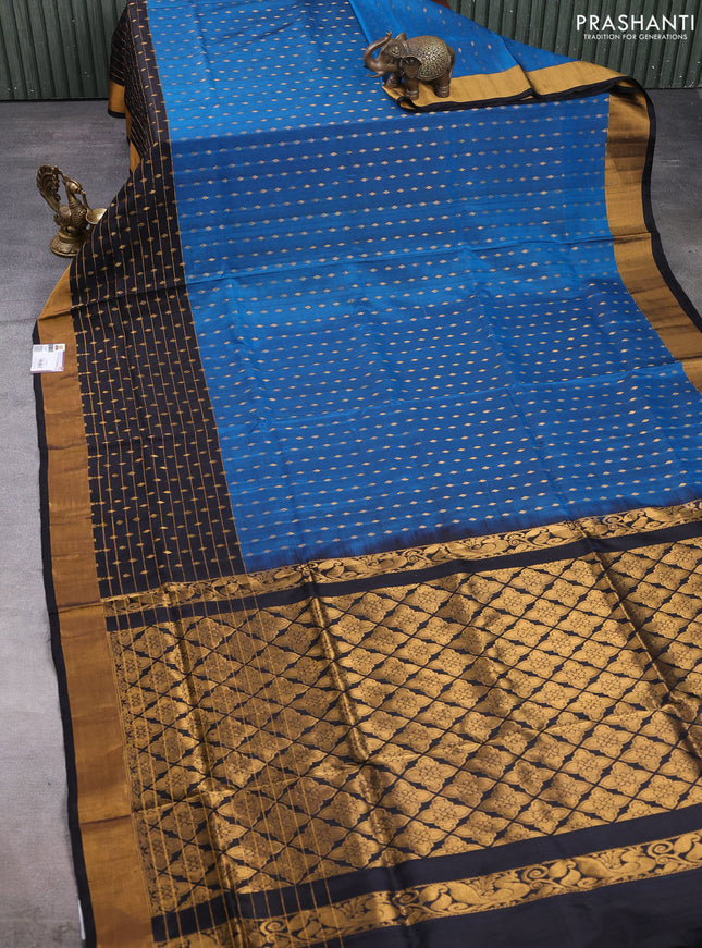 Pure uppada silk saree peacock blue and black with allover zari woven buttas and long zari woven border
