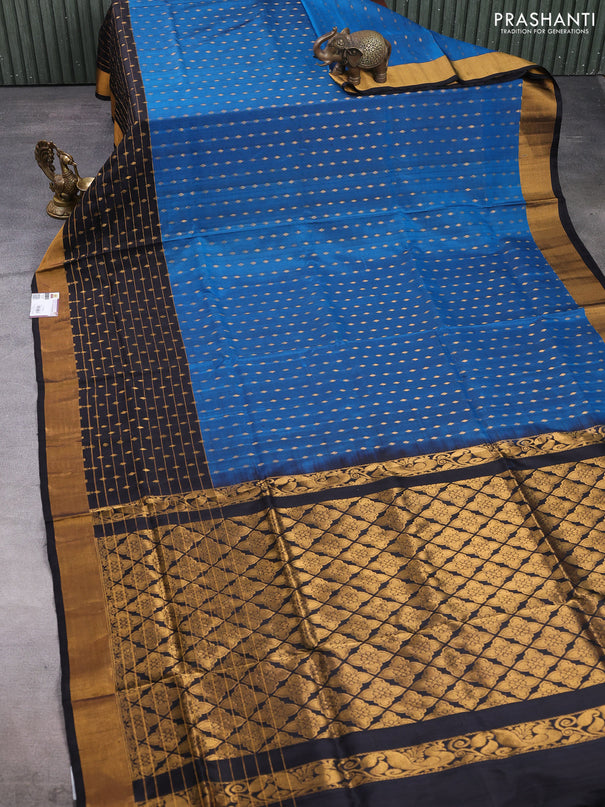 Pure uppada silk saree peacock blue and black with allover zari woven buttas and long zari woven border