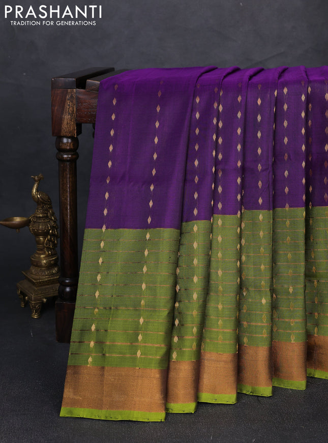 Pure uppada silk saree purple and mehendi green with allover zari woven buttas and long zari woven border