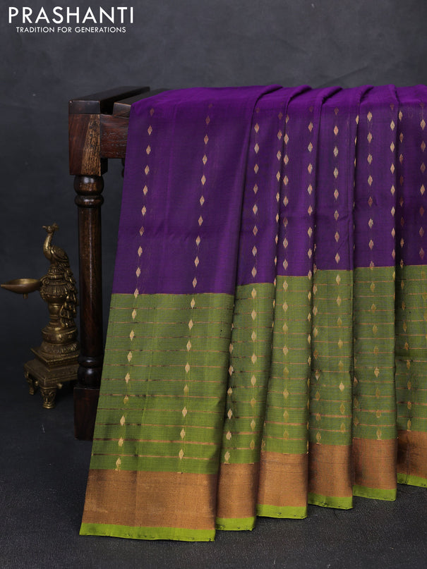 Pure uppada silk saree purple and mehendi green with allover zari woven buttas and long zari woven border