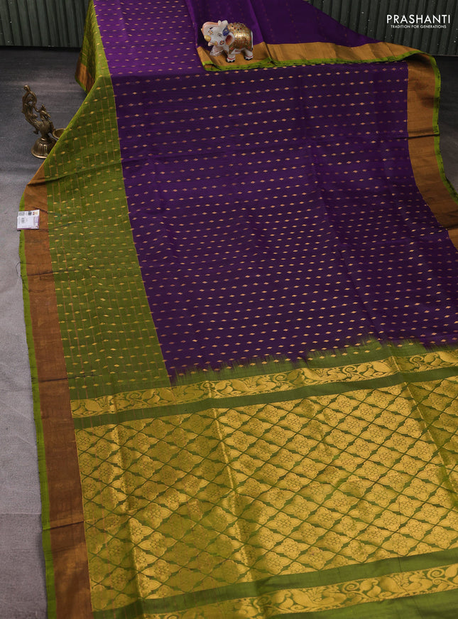Pure uppada silk saree purple and mehendi green with allover zari woven buttas and long zari woven border