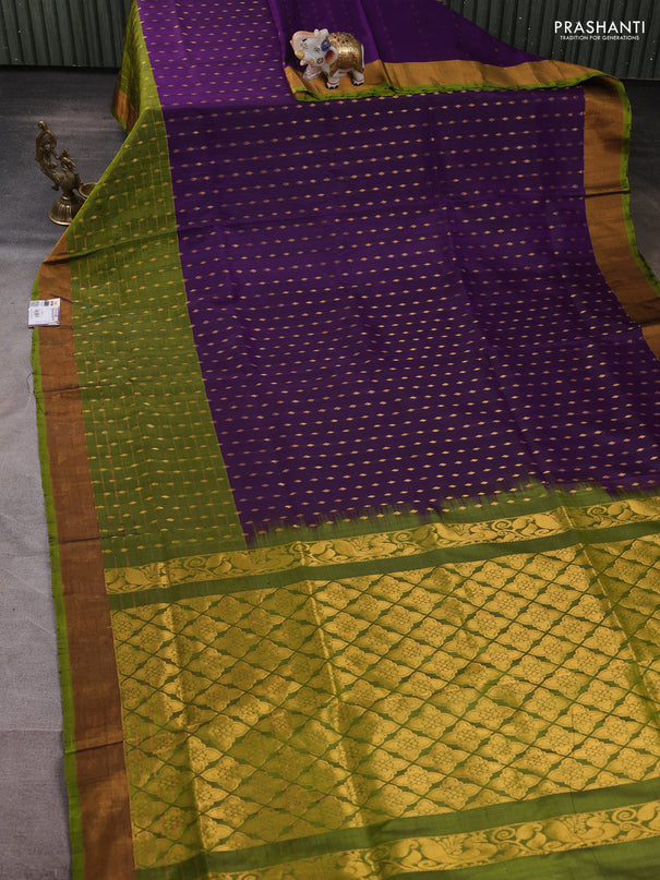 Pure uppada silk saree purple and mehendi green with allover zari woven buttas and long zari woven border