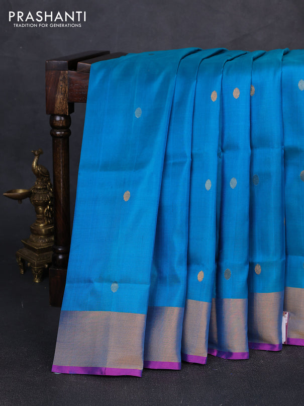 Pure uppada silk saree teal blue and purple with silver & gold zari woven coin buttas and zari woven border