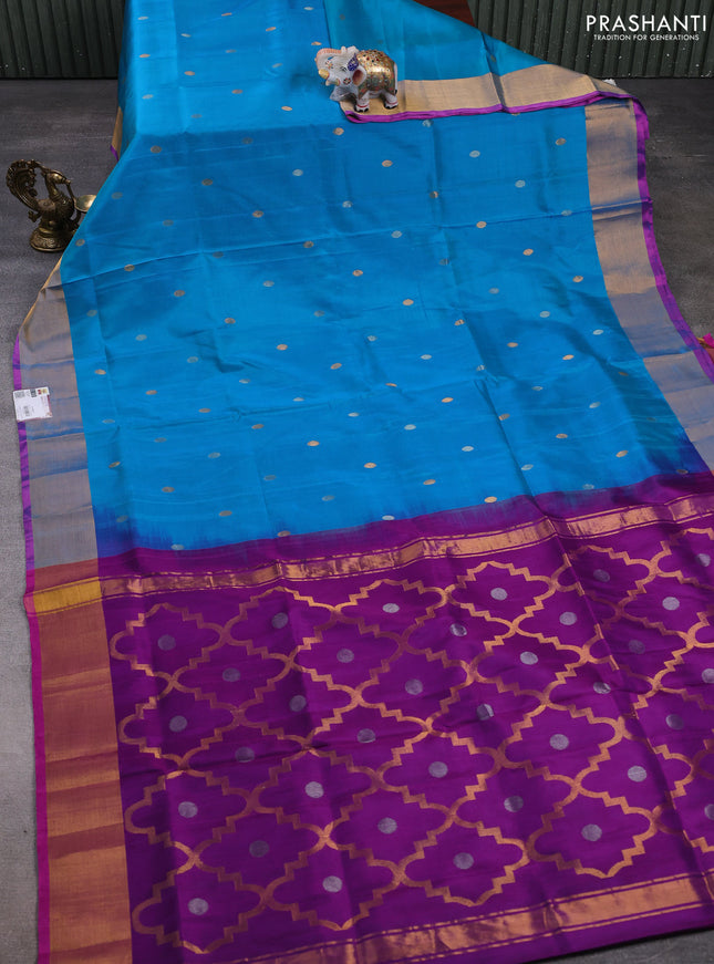 Pure uppada silk saree teal blue and purple with silver & gold zari woven coin buttas and zari woven border