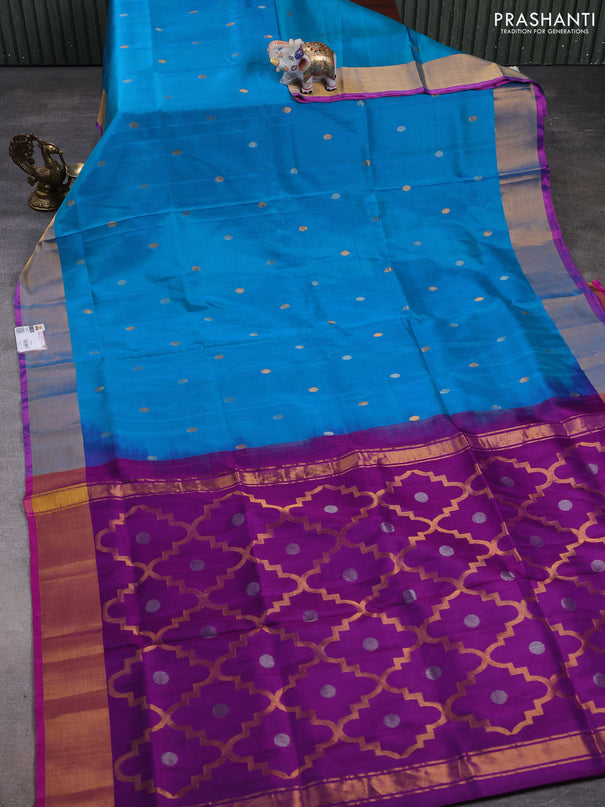 Pure uppada silk saree teal blue and purple with silver & gold zari woven coin buttas and zari woven border