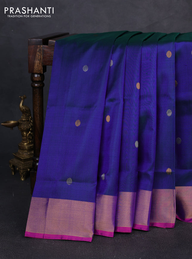 Pure uppada silk saree dual shade of bluish green and pink with silver & gold zari woven coin buttas and zari woven border