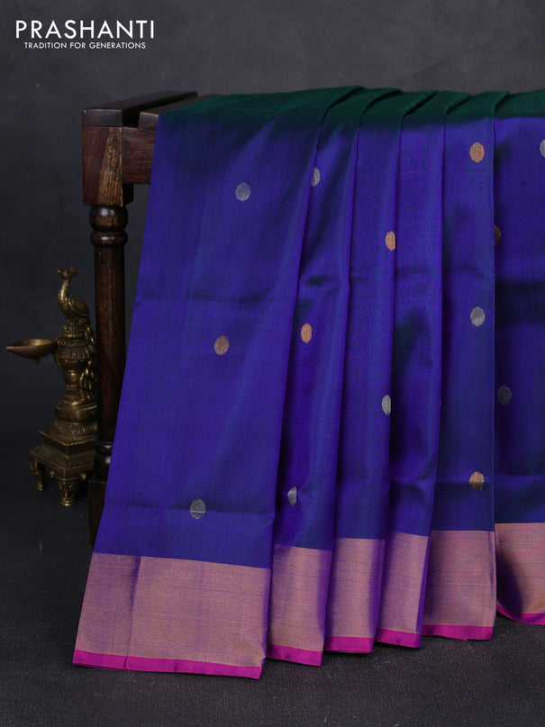 Pure uppada silk saree dual shade of bluish green and pink with silver & gold zari woven coin buttas and zari woven border