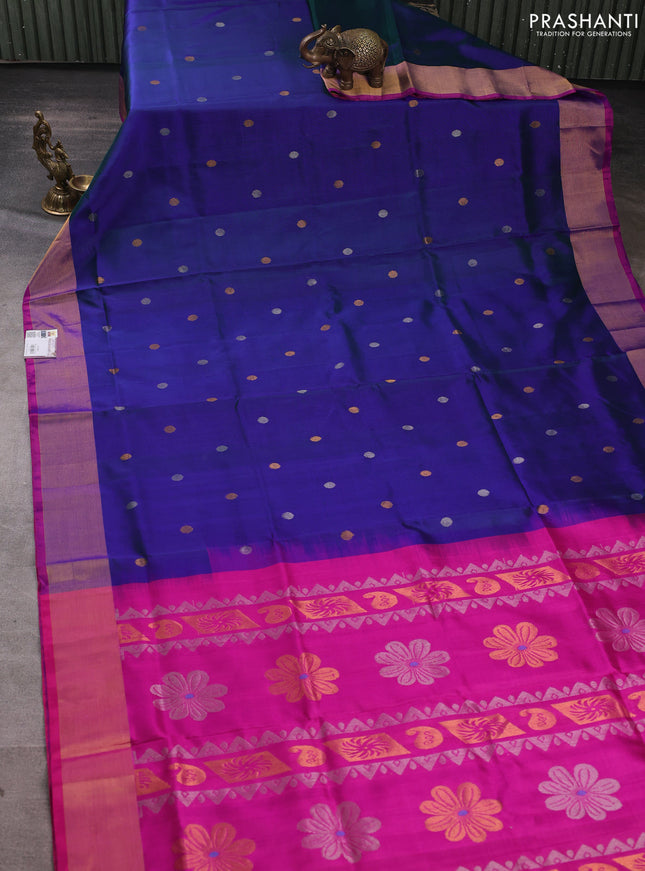 Pure uppada silk saree dual shade of bluish green and pink with silver & gold zari woven coin buttas and zari woven border