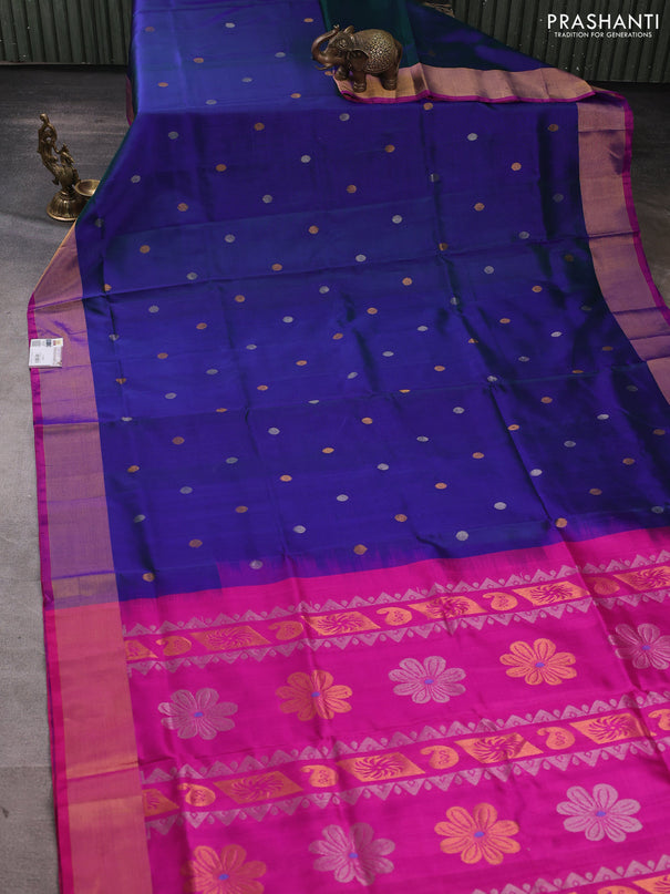 Pure uppada silk saree dual shade of bluish green and pink with silver & gold zari woven coin buttas and zari woven border