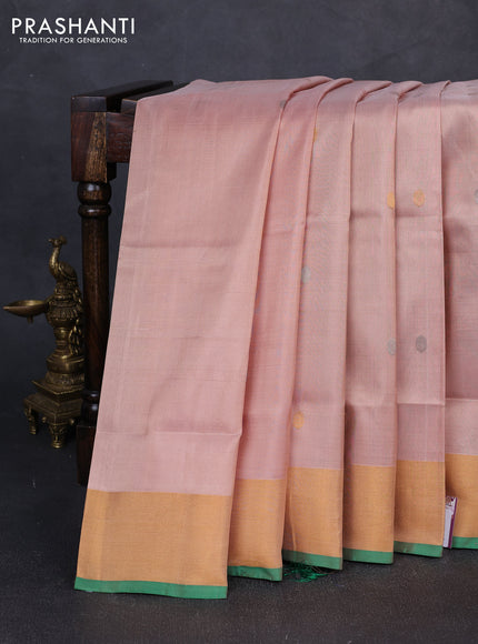 Pure uppada silk saree pastel peach and green with silver & gold zari woven coin buttas and zari woven border