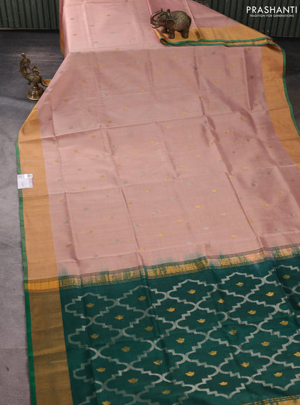 Pure uppada silk saree pastel peach and green with silver & gold zari woven coin buttas and zari woven border