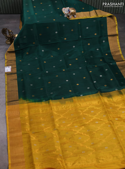 Pure uppada silk saree green and yellow with silver & gold zari woven coin buttas and zari woven border