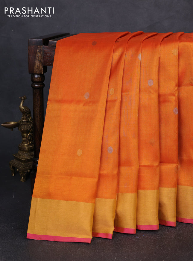 Pure uppada silk saree orange and pink with silver & gold zari woven coin buttas and zari woven border