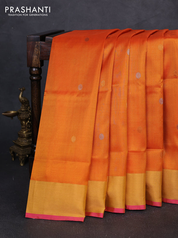 Pure uppada silk saree orange and pink with silver & gold zari woven coin buttas and zari woven border