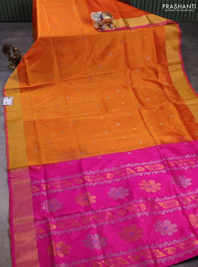 Pure uppada silk saree orange and pink with silver & gold zari woven coin buttas and zari woven border