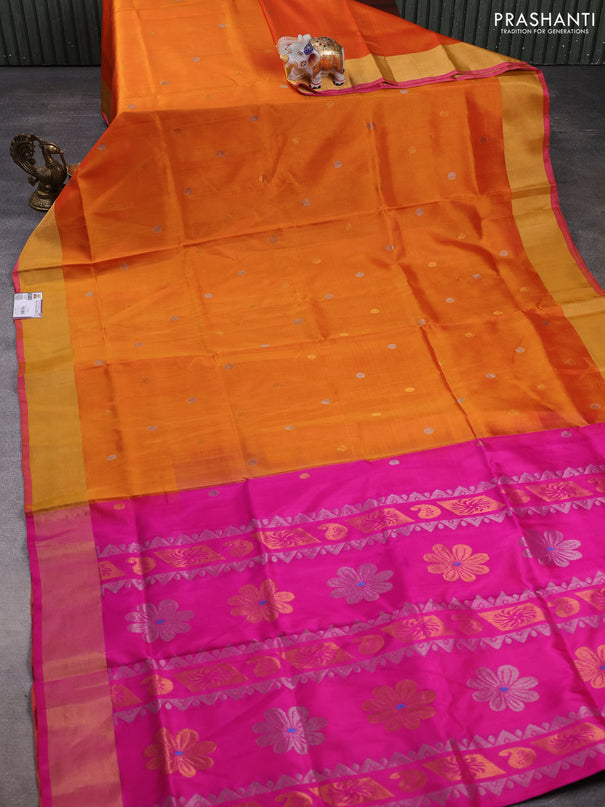 Pure uppada silk saree orange and pink with silver & gold zari woven coin buttas and zari woven border