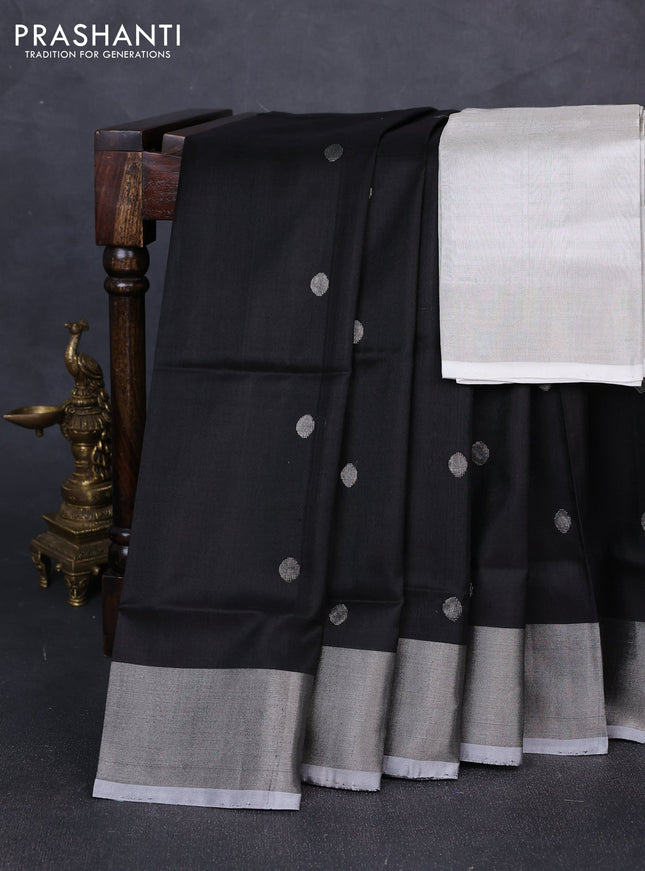 Pure uppada silk saree black and pastel grey with silver zari woven coin buttas and silver zari woven border