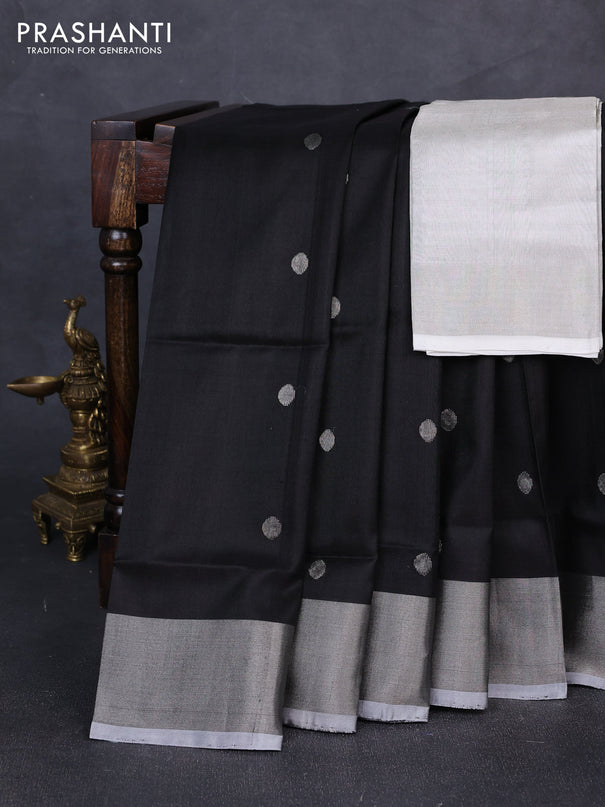 Pure uppada silk saree black and pastel grey with silver zari woven coin buttas and silver zari woven border