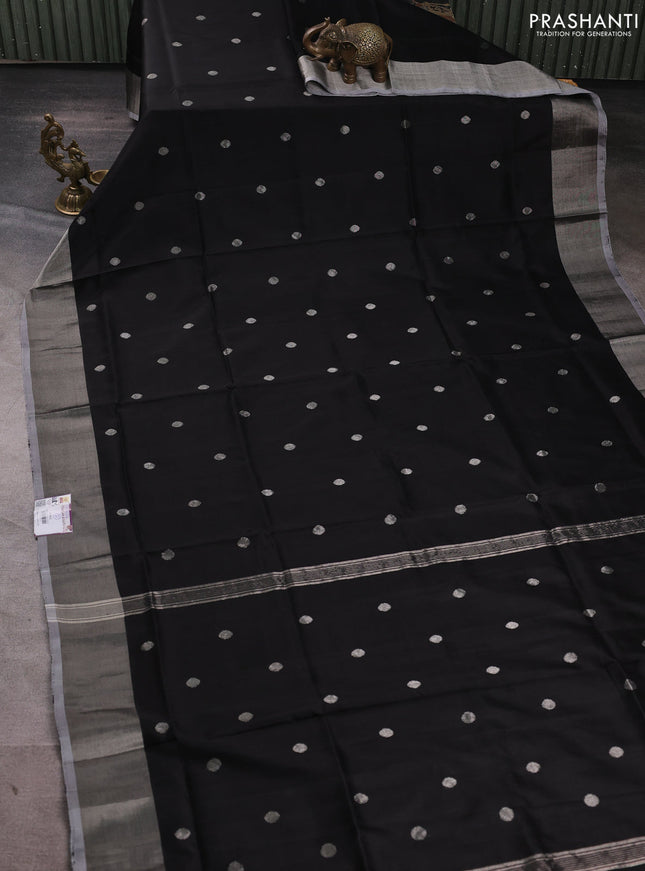 Pure uppada silk saree black and pastel grey with silver zari woven coin buttas and silver zari woven border