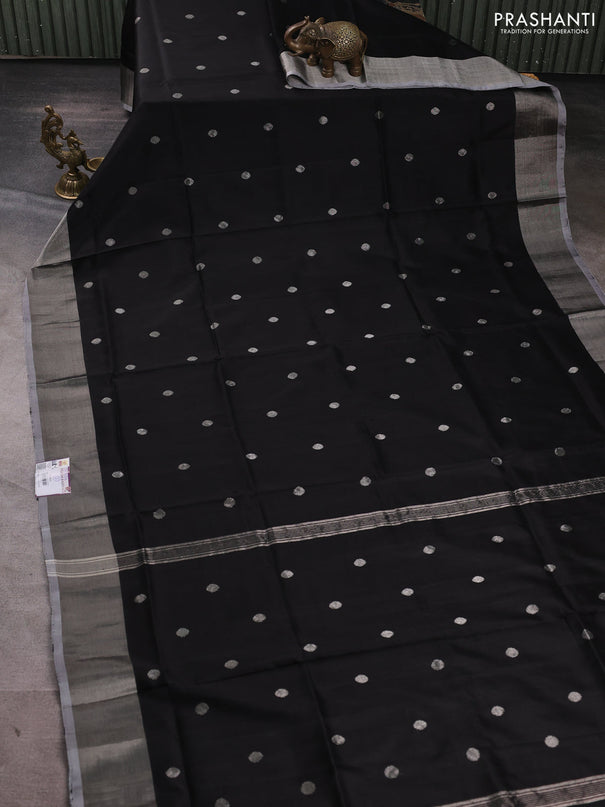 Pure uppada silk saree black and pastel grey with silver zari woven coin buttas and silver zari woven border