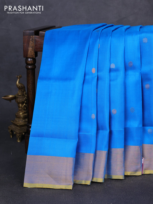 Pure uppada silk saree cs blue and yellow with silver & gold zari woven coin buttas and zari woven border