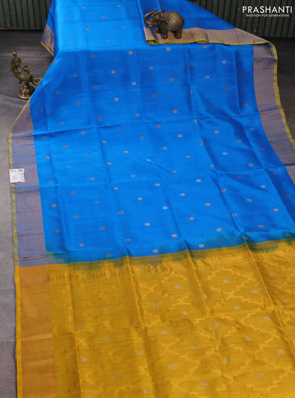 Pure uppada silk saree cs blue and yellow with silver & gold zari woven coin buttas and zari woven border
