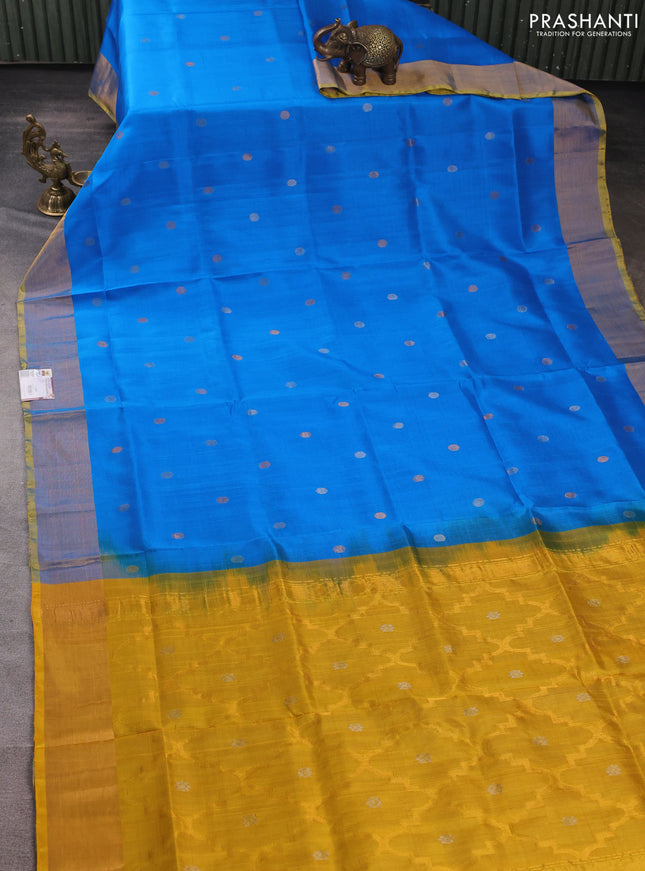 Pure uppada silk saree cs blue and yellow with silver & gold zari woven coin buttas and zari woven border