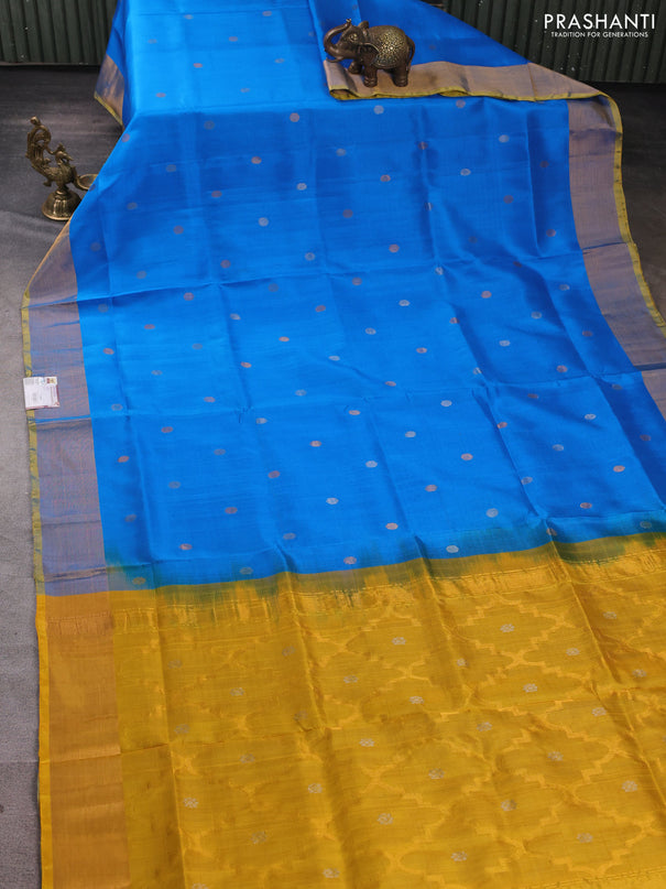 Pure uppada silk saree cs blue and yellow with silver & gold zari woven coin buttas and zari woven border