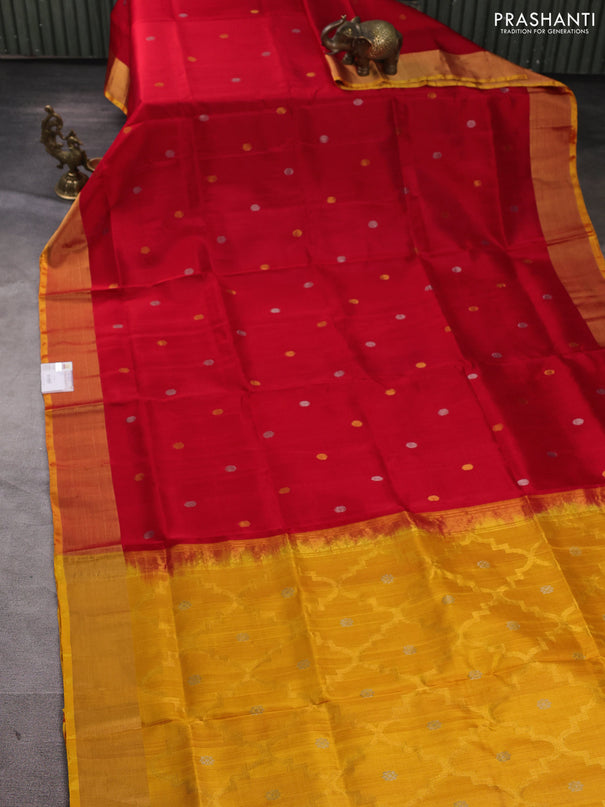 Pure uppada silk saree red and yellow with silver & gold zari woven coin buttas and zari woven border
