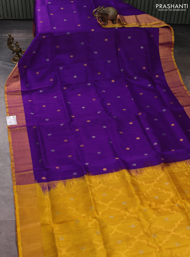 Pure uppada silk saree purple and yellow with silver & gold zari woven coin buttas and zari woven border