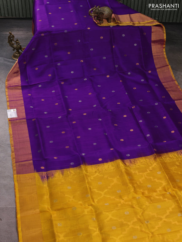 Pure uppada silk saree purple and yellow with silver & gold zari woven coin buttas and zari woven border