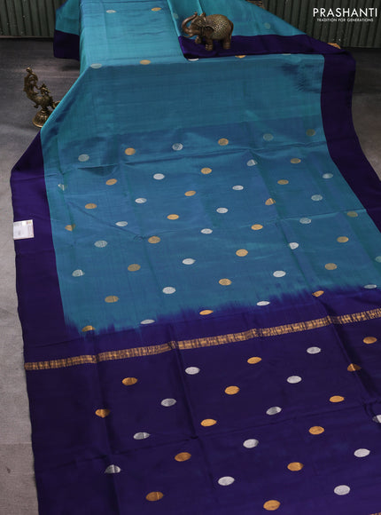 Pure uppada silk saree dual shade of teal blue and blue with silver & gold zari woven coin buttas and simple border
